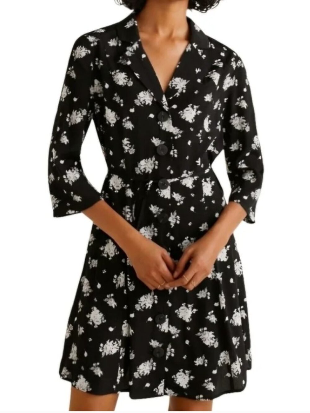 Mango Black & White Floral Print Button-down 3/4 Sleeve Mini Shirt Dress SZ 6
